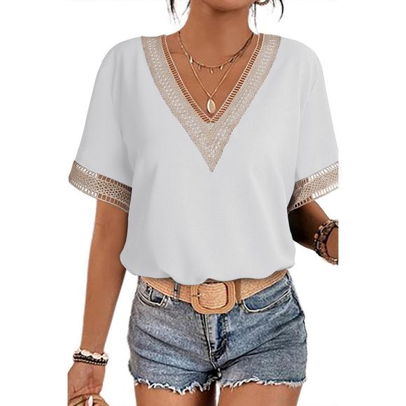 Azura Exchange  White Lace Trim V Neck Short Sleeve Blouse - Picture 15 of 15